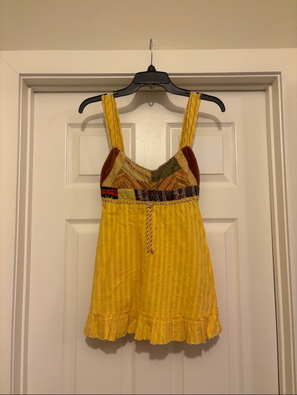 Free People Yellow Boho Patchwork Tank with Floral and Velvet Trim